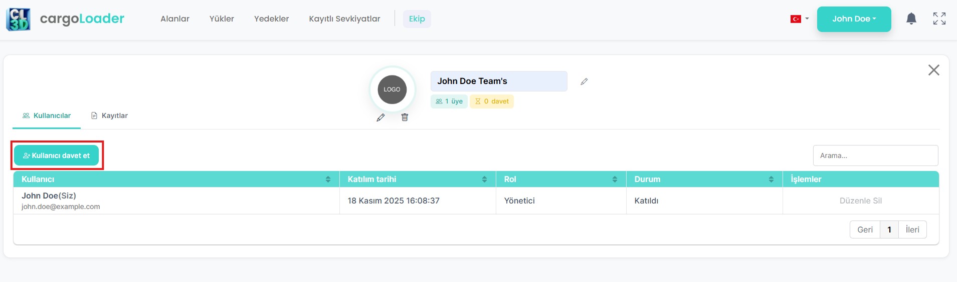 Kullanıcı Davet Ekranı